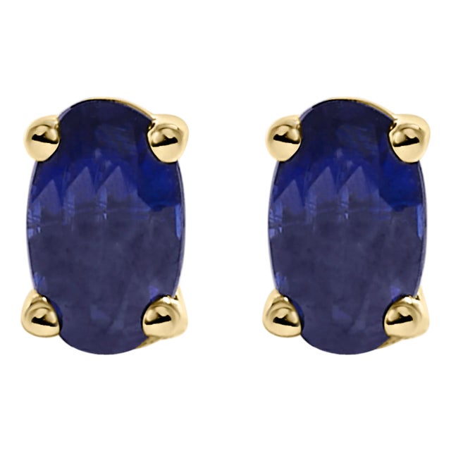 14K Yellow Gold 5x3 MM Oval Blue Sapphire Solitaire Stud Earrings For Sale