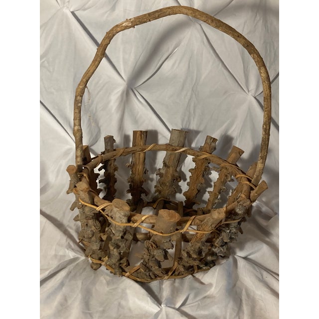 Americana Antique Adirondack Twig Mushroom Foraging basket.Adirondack Twigs Primitive Style W/ a Large Bent Twig Handle. Early 20th Century For Sale - Image 9 of 12