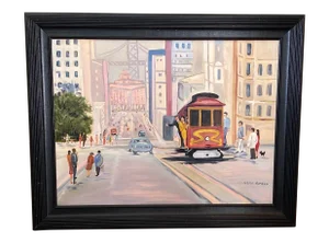 Mid 20th Century Folk Art Style San Francisco Cityscape with Cable Car Oil Painting, Framed
