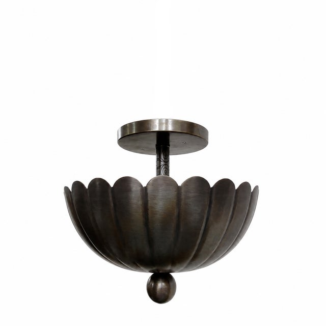 Vintage Brass Shell Semi Flush Mount Light, Handmade Scalloped Brass Ceiling Chandelier, Art Deco Brass Fixture, Mid Century Ceiling Light For Sale - Image 11 of 13