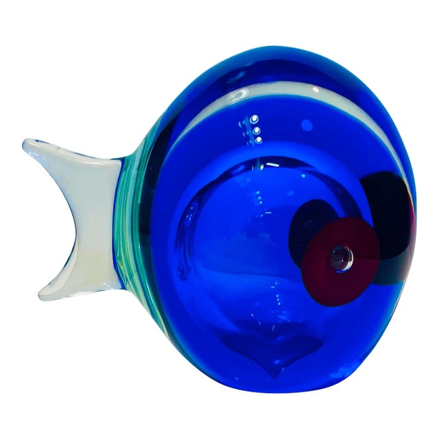 1960s Vintage Large Round Blue & Red Glass Fish - Murano Cenedese Attributed For Sale