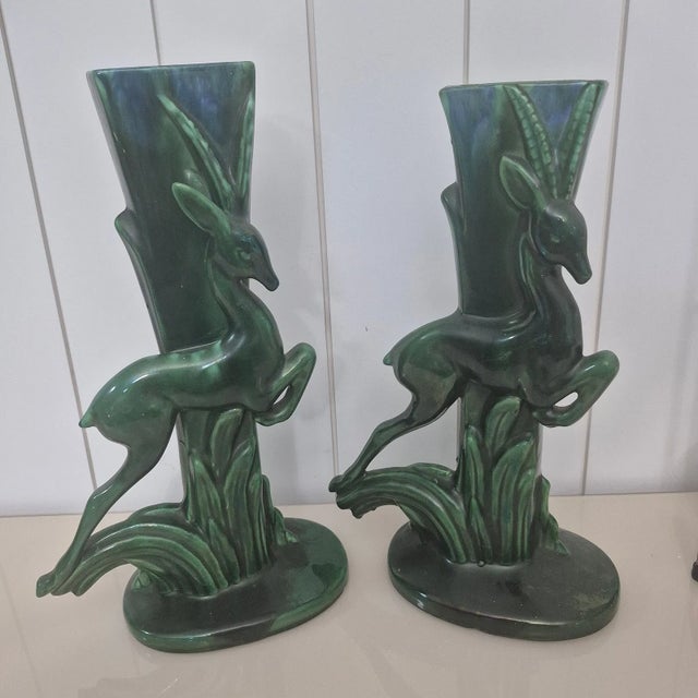 Mid-Century Modern Royal Haeger Pottery Leaping Gazelle ~ Green Pottery Vase [ Pair] 1950s For Sale - Image 3 of 5