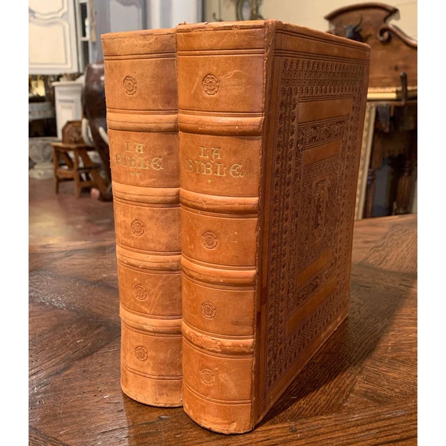 Midcentury French Leather Bound Two-Volume Holy Bible Dated 1953 For Sale - Image 13 of 13