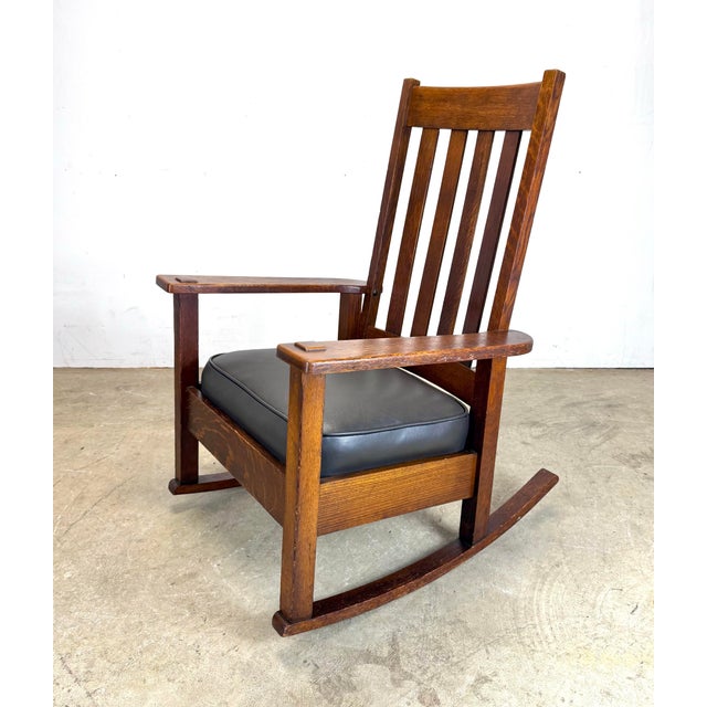 Antique Stickley Brothers Mission Oak Arts & Crafts Rocking Chair New Leather Seat For Sale - Image 12 of 12