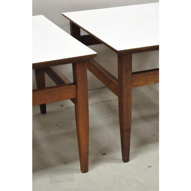 Vintage Mid Century Modern Walnut Base Laminate Top Low Side Tables - A Pair For Sale - Image 9 of 10