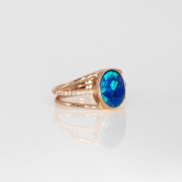 2020s 2.1Ct Boulder Opal Cabochon Ring With Natural Diamond Accents: Solid 14k Gold, Size 6.75 For Sale - Image 5 of 10