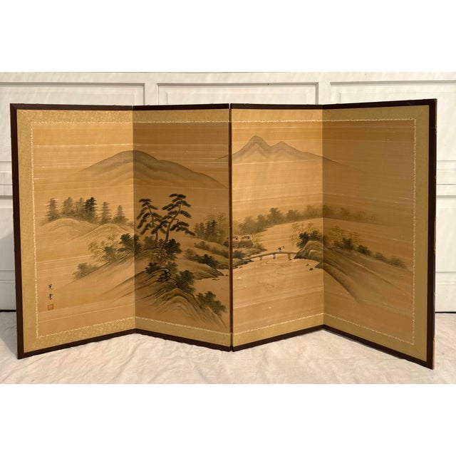 Gold Vintage Japanese Byōbu Hand-Painted Silk Landscape Folding Screen For Sale - Image 8 of 13