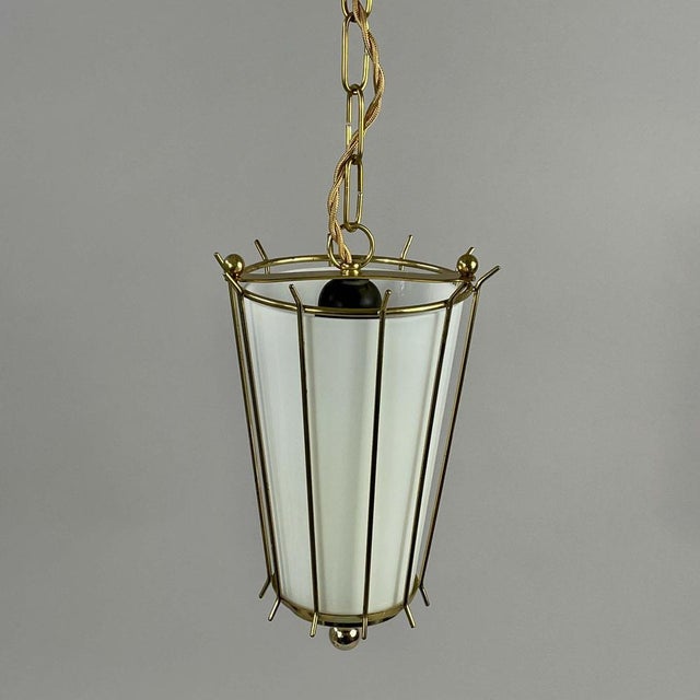 White Swedish Opaline Glass and Brass Caged Lantern Pendant, 1950s For Sale - Image 8 of 16