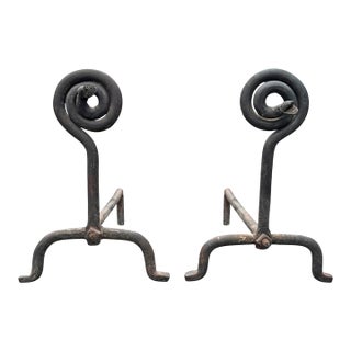 Pair of Hand-Wrought Iron Serpent Andirons, Early 20th Century For Sale