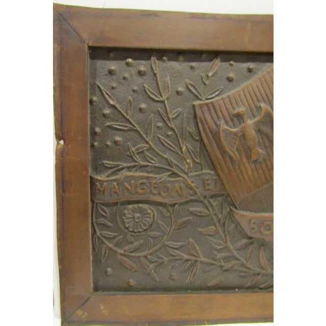 Antique French Copper Mangeon Family Crest Panel Translates to "Let Us Be Gay" Measures 34 1/2" wide, 2" deep and 19"...