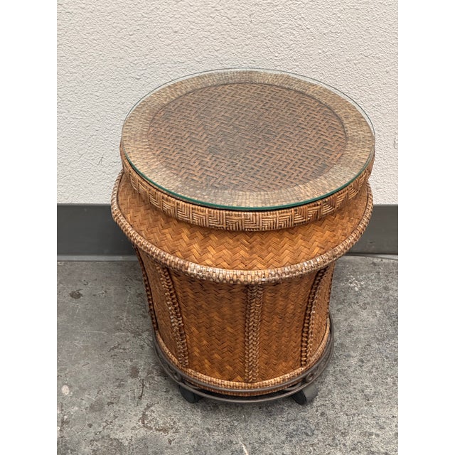 Wood Woven Rattan Drum Side Table + Glass Top, Vintage For Sale - Image 7 of 12