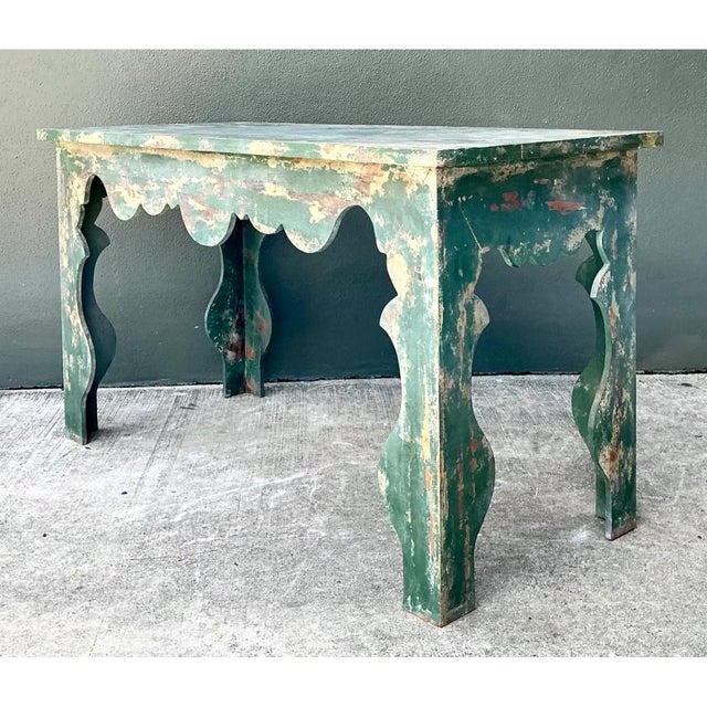Vintage Distressed Scalloped Green Wood Table For Sale - Image 10 of 14