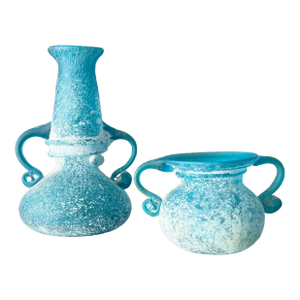 Vintage Greek-Style Italian-Style Blue Textured “Seguso Scavo”-Style Art Glass Vases - Set of 2