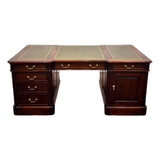 English Partner Desk with Green Leather Top For Sale