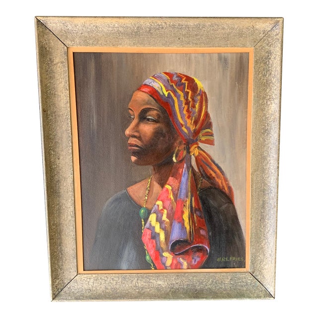 Beautiful African Woman Oil on Board Painting by Elwood Fries For Sale