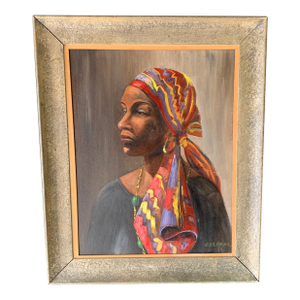 Beautiful African Woman Oil on Board Painting by Elwood Fries