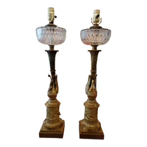 Antique French Empire Bronze Swan Lamps Pair