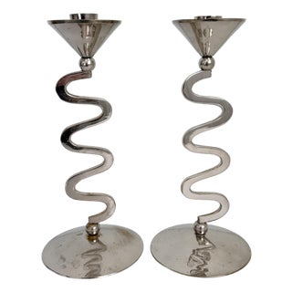 1980s Memphis Style Zig Zag Chrome Candlesticks - A Pair For Sale