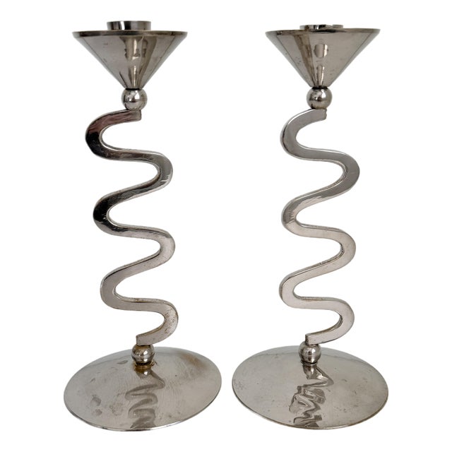 1980s Memphis Style Zig Zag Chrome Candlesticks - A Pair For Sale