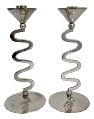1980s Memphis Style Zig Zag Chrome Candlesticks - A Pair
