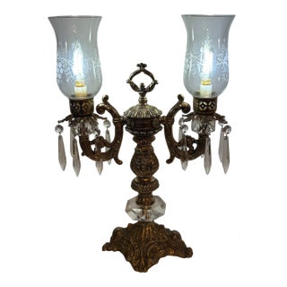 1950s Double-Armed Crystal Hollywood Regency Candelabra Desk Lamp For Sale