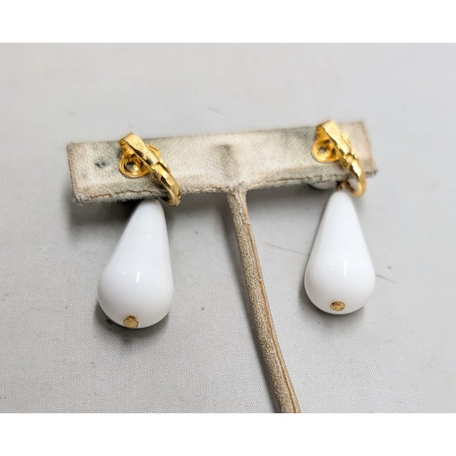 Trifari Vintage 1950s Signed Crown Trifari White Drop Clip Earrings-2 Pieces For Sale - Image 4 of 5