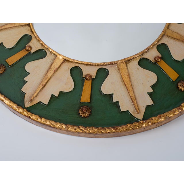 1950s Spanish Painted & Gold Gilt Wood Round Wall Mirror For Sale - Image 6 of 11