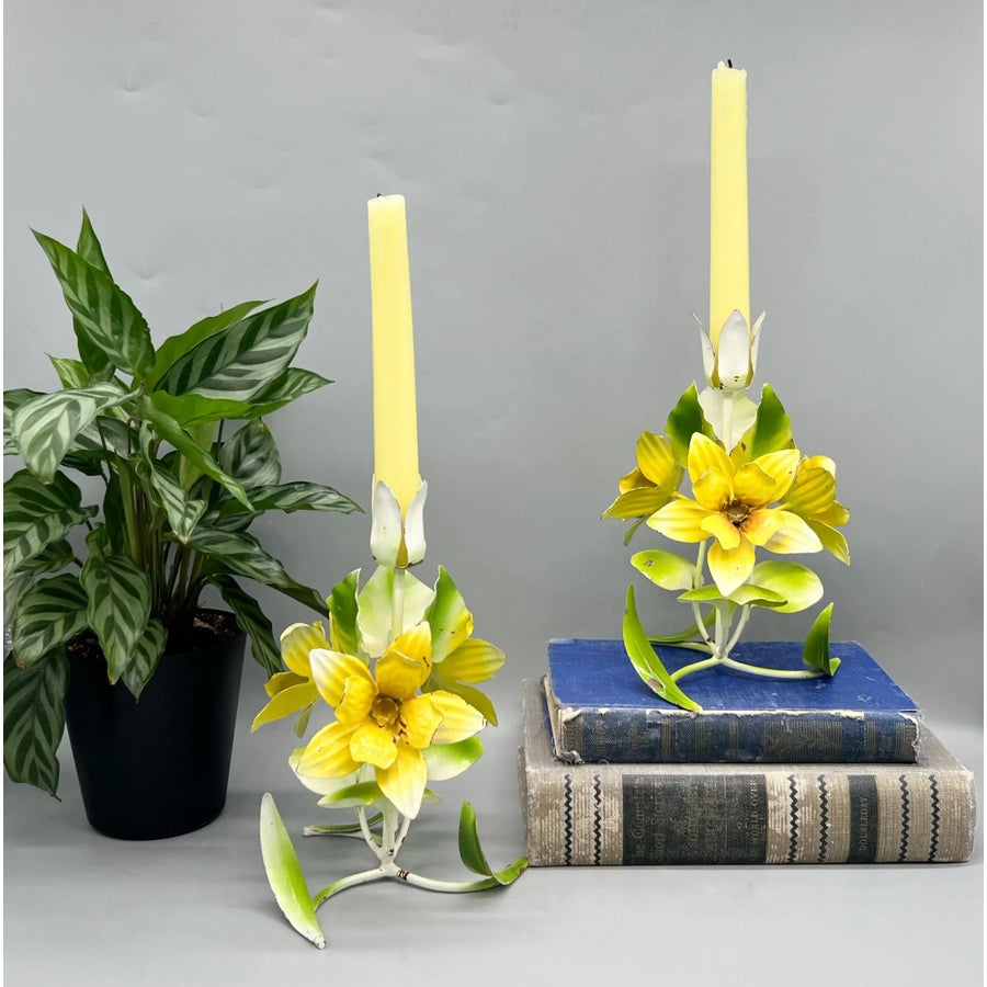 Vintage Hand-Painted Metal Daffodil & Tulip Candleholders