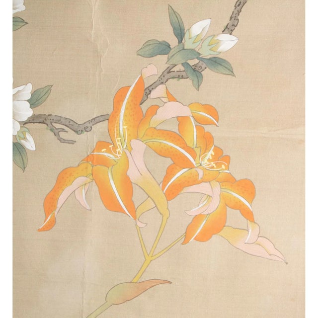 Post-1940 Showa Japanese Silk Scroll "Rosefinch and Camellias" For Sale - Image 4 of 12