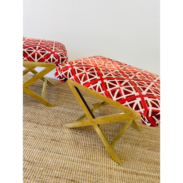 Vintage 1970s Pair of Brass X Base Weiman / Warren Lloyd Mastercraft Geometric Velvet Upholstered Stools Ottomans For Sale - Image 10 of 18