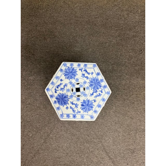 Late 20th Century Chinese Blue & White Porcelain Hexagonal Garden Stool For Sale - Image 5 of 8
