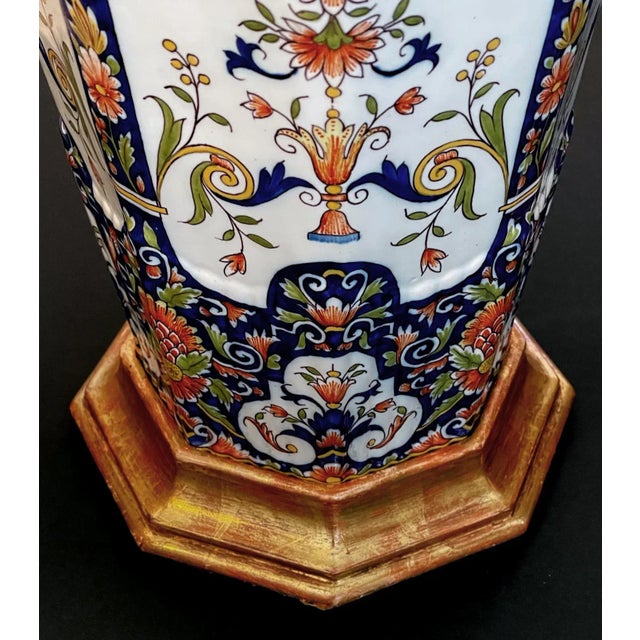 French 19th Century French Polychromed Faience Octagonal Urn Lamps - a Pair For Sale - Image 3 of 6