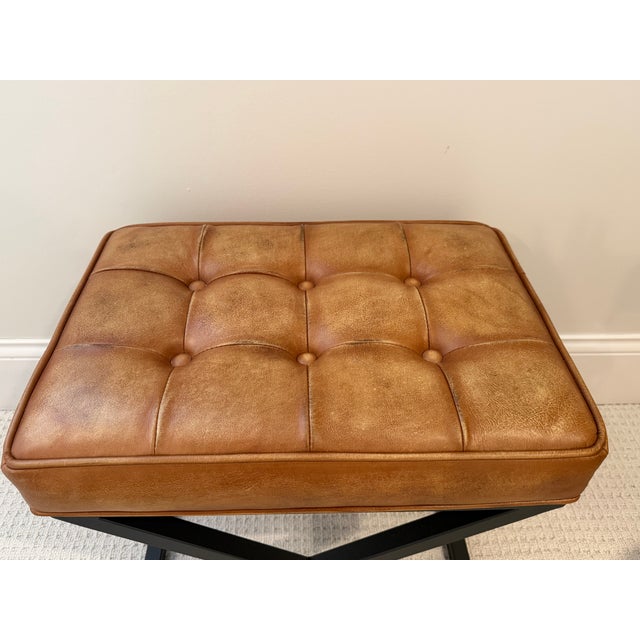 American Pottery Barn Tufted, Brown Leather Stools – Kirkham in Rich Brown - 2 For Sale - Image 3 of 3
