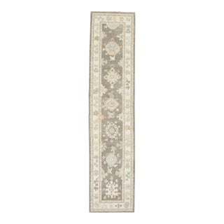 Gray Handwoven Turkish Oushak Runner 2'6" X 11'2" For Sale