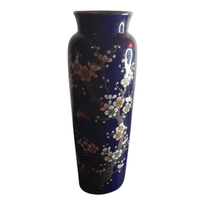 1940s Japanese Bijutsu Toki Handpainted Cherry Blosdom Cobalt Blue Vase
