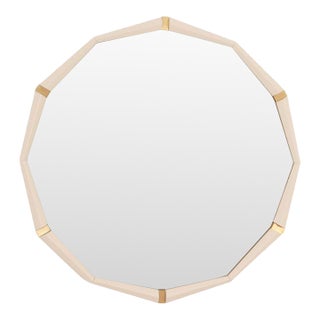 Modern Mirror With Cream Lacquer Dedecogan Shaped Frame With Brass Accents For Sale