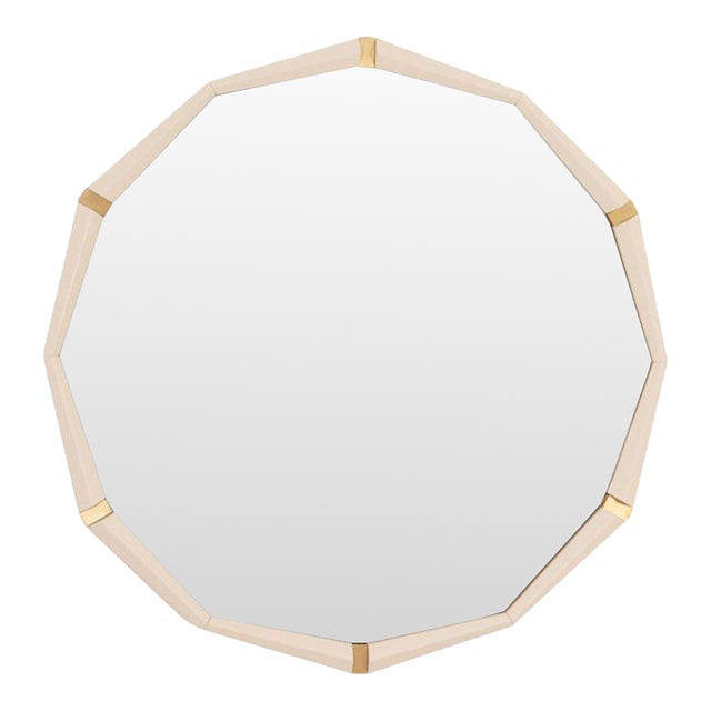 Modern Mirror With Cream Lacquer Dedecogan Shaped Frame With Brass Accents For Sale