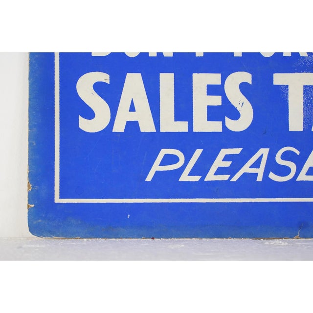 Vintage Don't Forget Sales Tax Please Cardboard Retail Wall Sign For Sale - Image 9 of 13