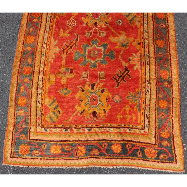 Red and Light Blue Wide Antique Turkish Oushak Gallery Runner For Sale - Image 10 of 18