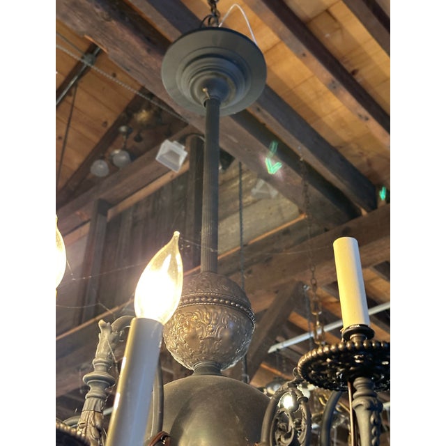 Metal Vintage Brass 14 Arm Converted Gas Fixture For Sale - Image 7 of 7