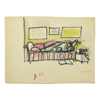 Mino Maccari, The Hour of Rest, Charcoal and Watercolor For Sale