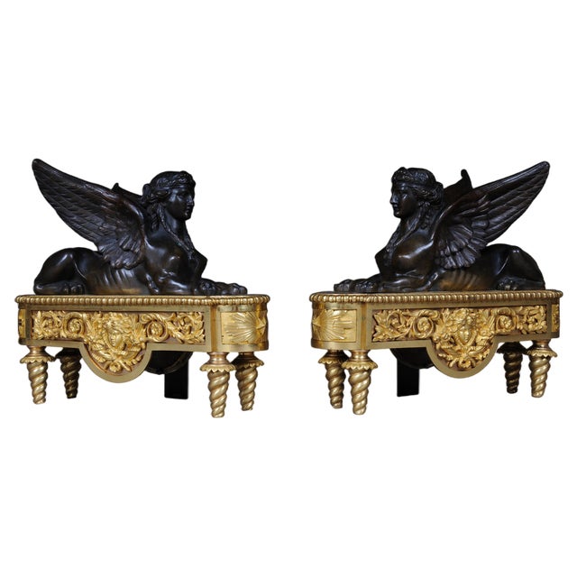 19th Century Empire Brass Sphinx Chimneys, 1860s, Set of 2 For Sale