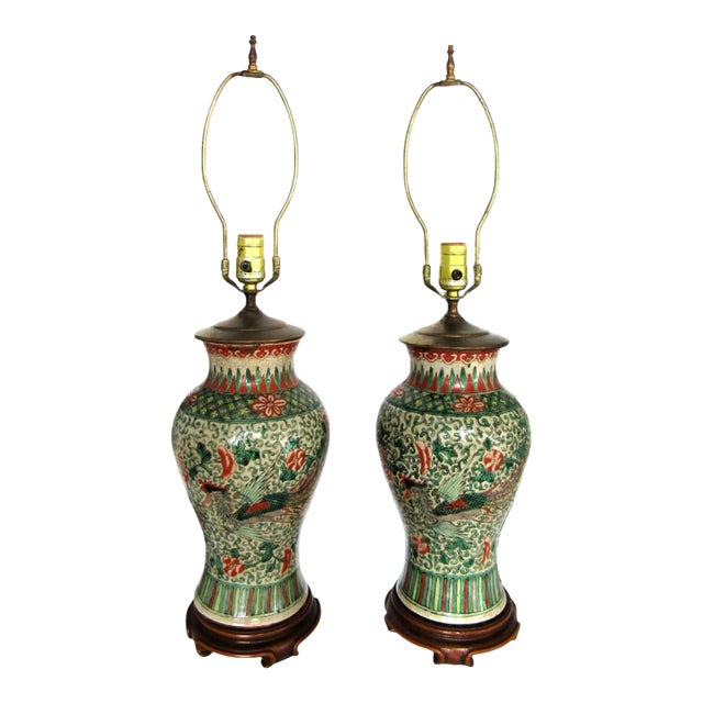 Antique Chinese Ming Dynasty Famille Verte Phoenix Vase Table Lamps - a Pair For Sale