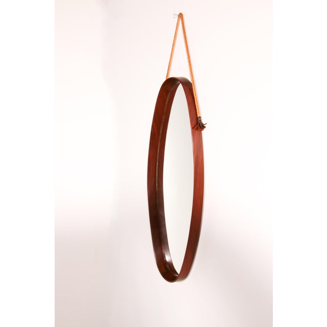 Brown Mid-Century Modern Italian Oval Mirror in Curved Teak with Rope and Leather, 1960s For Sale - Image 8 of 8