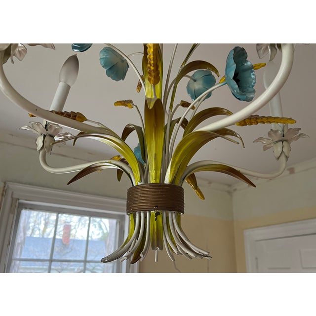 1970s Italian Mid-Century Tole Five Light Chandelier With Gathered Blue Flowers, Grasses and Wheat Stalks For Sale - Image 18 of 18