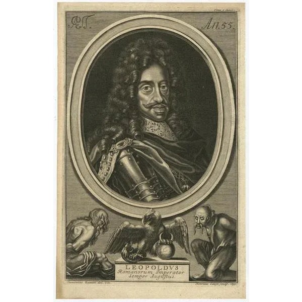 Antique print, titled: 'Leopoldus Romanorum Imperator Semper Augustus.' This original antique plate shows a portrait of...