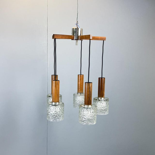 Black 5-Light Cascade Lamp in Rosewood and Chrome with Textured Glass Shades, 1960s For Sale - Image 8 of 12