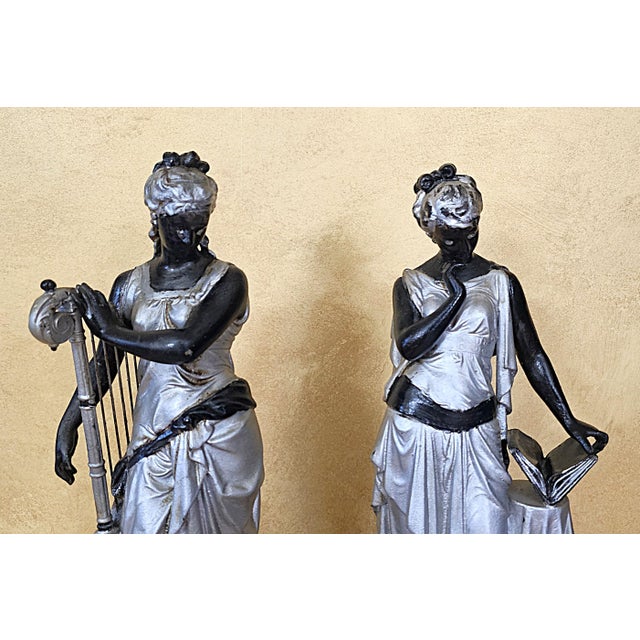 19th-Century Victorian Spelter Greek Muse & Classical Maiden Statues – Pair For Sale - Image 16 of 18