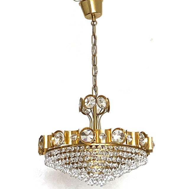 Brass and Lead Crystal Six-Light Chandelier from Joska Bodenmais, 1970s, in Very Good conditions. Designed 1970 to 1979 I...