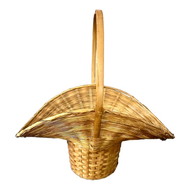 Vintage 1900s Natural Bamboo Woven Hand Basket For Sale